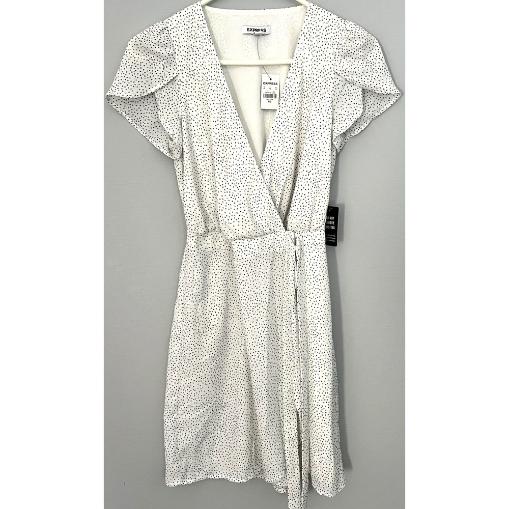 Express Dress Womens XXS White Black Polka Dot Wrap Flutter Sleeve Lined V Neck